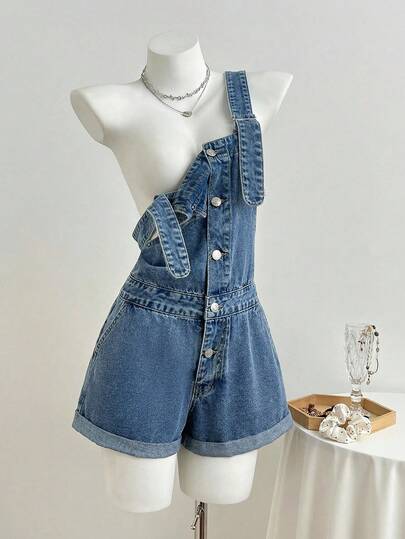 Elamini Fashionable Casual Button Cuffed Washed Denim Bib Shorts