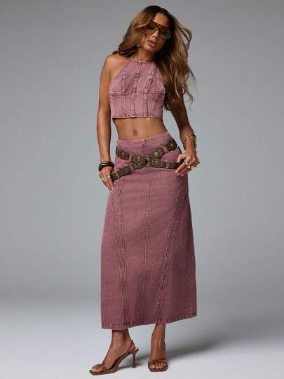 NYA SZN Falda vaquera melocotón con costuras curvas