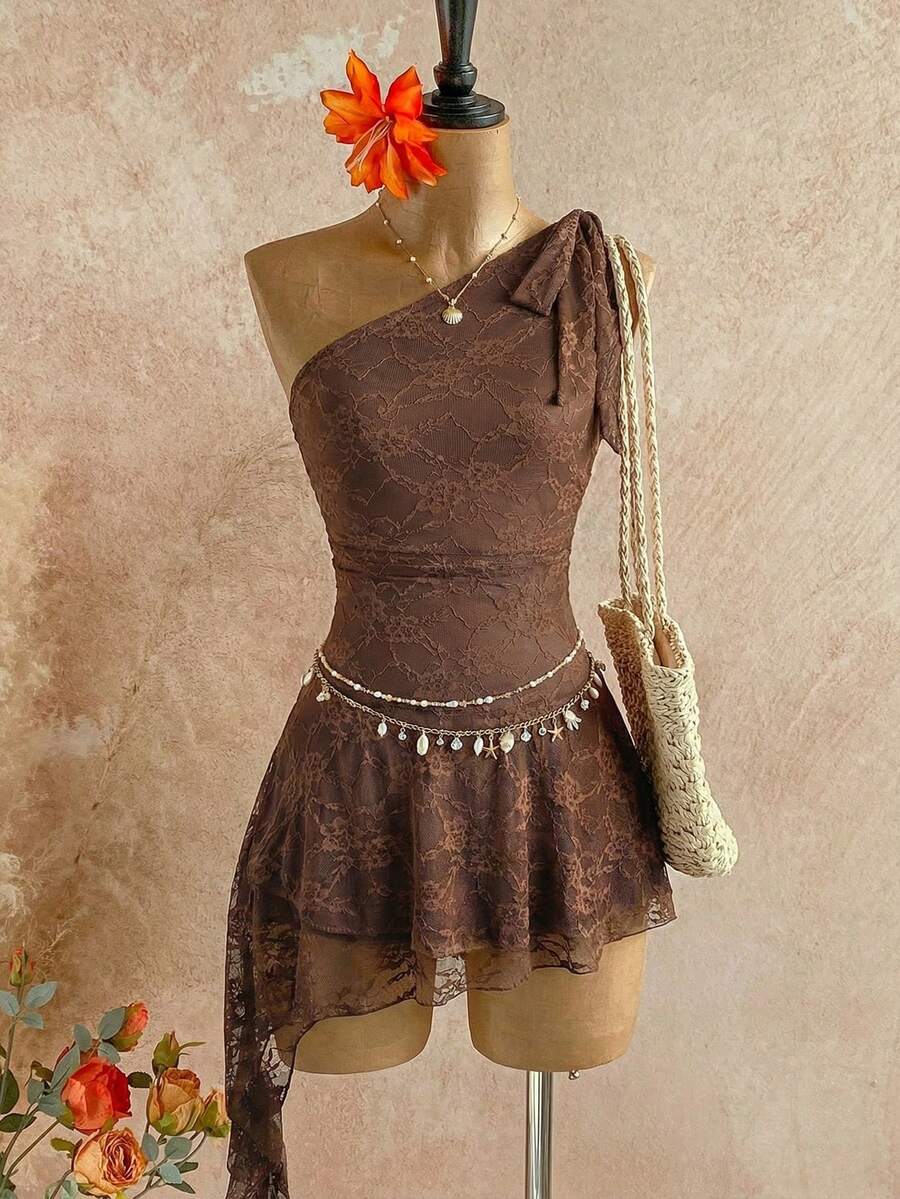 Franclia Đầm nữ thanh lịch, lãng mạn với chất liệu ren, dây mảnh, thắt nơ ở eo, xẻ tà, dáng suông, thích hợp cho các buổi đi chơi và hẹn hò mùa xuân/hè. - màu nâu - Xem 1