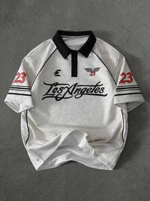 Manfinity Hypemode 男士短袖撞色休闲字母印花 Polo 衫，夏季款 - 淺灰色 - 查看 3