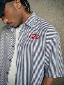 AXEPEAK Áo sơ mi nam tay ngắn cài cúc đơn, thêu chữ, kẻ sọc - Nhiều màu - Xem 5