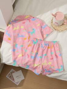 女童甜美可爱优雅休闲舒适柔软时尚经典阻燃针织面料卡通独角兽、云朵、彩虹印花翻领开衫短袖上衣和短裤睡衣套装，2件套 - 淺粉色 - 查看 2