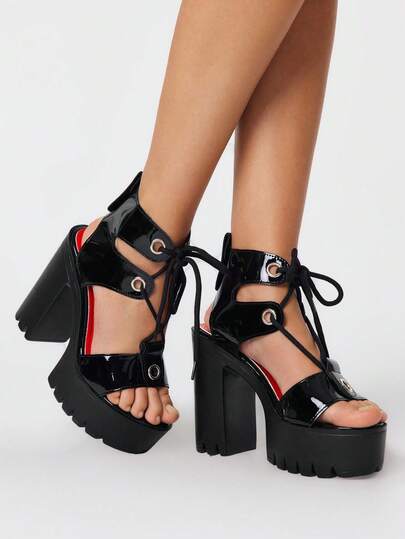 ROMWE Grunge Punk Women's Sexy And Elegant Black And Red Color-Block Lace-Up Open-Back Open-Toe High-Heeled Sandals, Featuring A Punk/Gothic Style Cutout Ankle Strap Design, Thick Platform, And Chunky Heel. Perfect For Spring And Summer, Nightclubs, Parties, And Festivals. 2000s Style