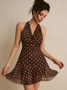 Poéselle Đầm ngắn cổ xếp ly in chấm bi dành cho nữ - màu nâu - Xem 5