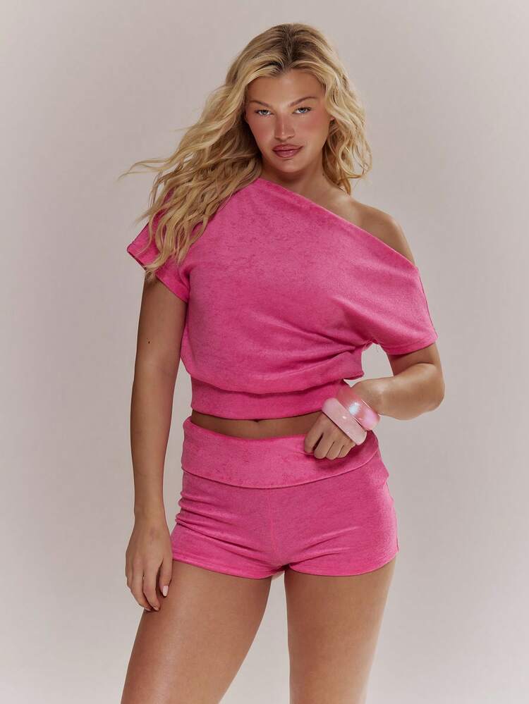 MUSERA Asymmetric Off Shoulder Towelling Cinched Waist Top Spring Summer Cute Girly Holiday Vacation Beach Everyday Casual Sorbet - Hot Pink - View 5