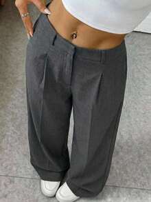 SHEIN EZwear Quần tây ống rộng màu xanh than dành cho nữ, chất liệu dệt kim. - Xám - Xem 9