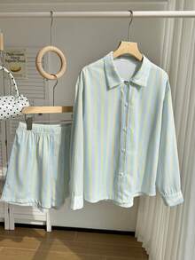 SHEIN Women's 2pcs Casual Striped Shirt & Shorts Set,Long Sleeve Turn-Down Collar Button Up Top,Loose Fit Outfit For Autumn,Cute Holiday Back-To-School - Multicolor - View 1