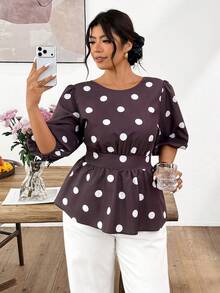 Lounesse Áo kiểu thời trang tay cánh hoa họa tiết chấm bi dành cho nữ cỡ lớn - màu đen - Xem 2