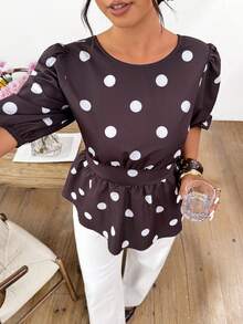 Lounesse Áo kiểu thời trang tay cánh hoa họa tiết chấm bi dành cho nữ cỡ lớn - màu đen - Xem 5