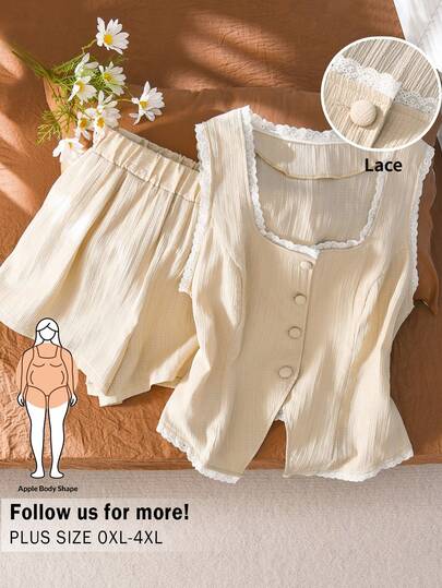 CosyJoli Plus Size Women Casual Commuter Lace Trim Button Front Camisole And Shorts Set