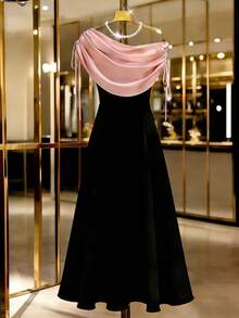 Plus Size Elegant Plunging Neck Asymmetric Shoulder Cinched Waist Midi Dress, Flattering & Slimming, Summer - Black and White - View 3