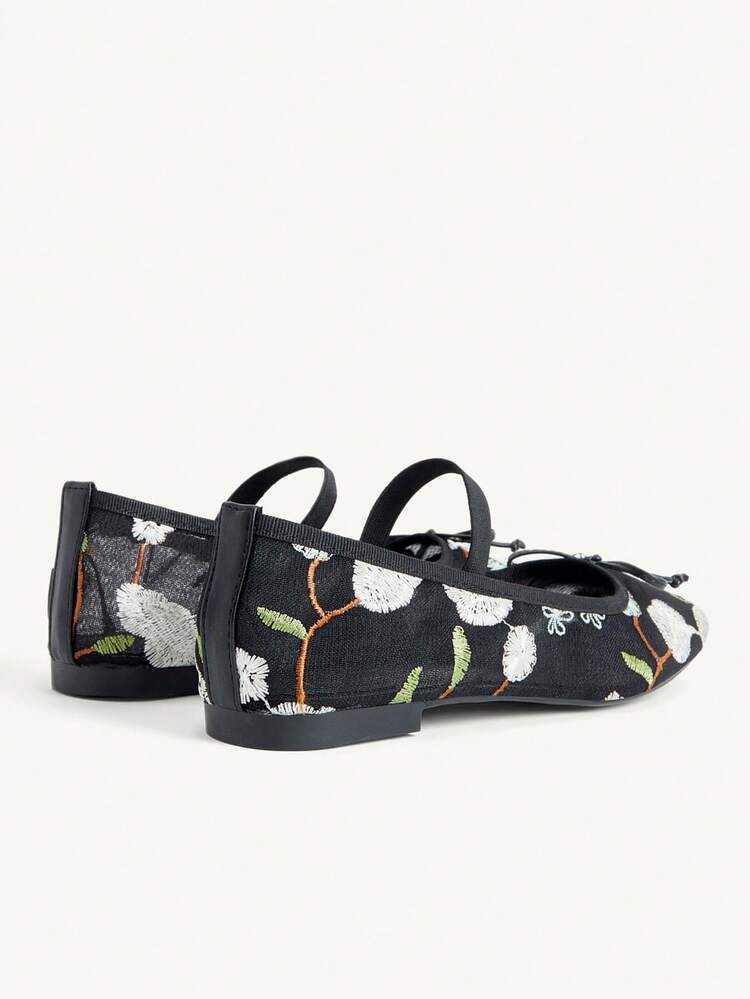 CUCCOO CHICEST Women Shoes Fashion Black Lace Flower Mesh Embroidered Bow Mary Jane Breathable Flat Shoes Cute Sweet Elegant Women Flat Shoes Women's Shoes