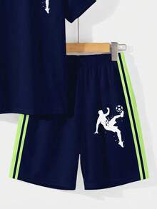 Tween Boys' Casual Sports Style Football Pattern Colorblock Short Sleeve T-Shirt And Shorts 2-Piece Set, Street Style Suitable For Summer - Multicolor - View 5