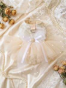 PETSIN 1pc Pet Luxury Princess Wedding Dress With Gold Flower Embroidery And Pearl Bow Decoration Dress, Spring/Summer Thin Style With Traction D-Button Cat/Dog Clothes - White - View 6
