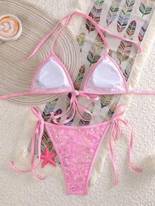 Swim Mod 女士泳装套装，时尚亮片性感三角比基尼上衣搭配常规侧系带泳裤，成人沙滩装 - 粉色 - 查看 3