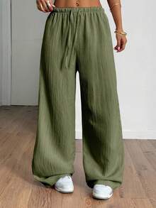 SHEIN PETITE Women's Summer Textured Straight Leg Pants - Mint Green - View 3