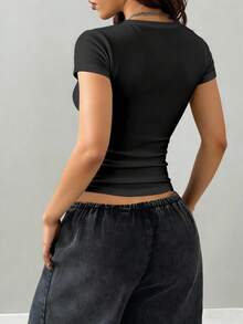 Women's Fitted V-Neck Short Sleeve T-Shirt, Black - Black - View 2