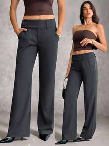 SHEIN Tall 女款時尚復古口袋喇叭腿長褲，灰色夏季辦公商務休閒女裝，老錢風穿搭，返校長褲，適合高個女性 - 深灰色 - 查看 7