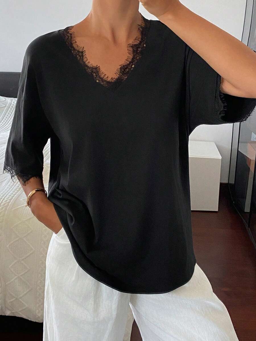 DAZY Áo thun nữ phối ren, kiểu dáng thường ngày, đa năng. - màu đen - Xem 1