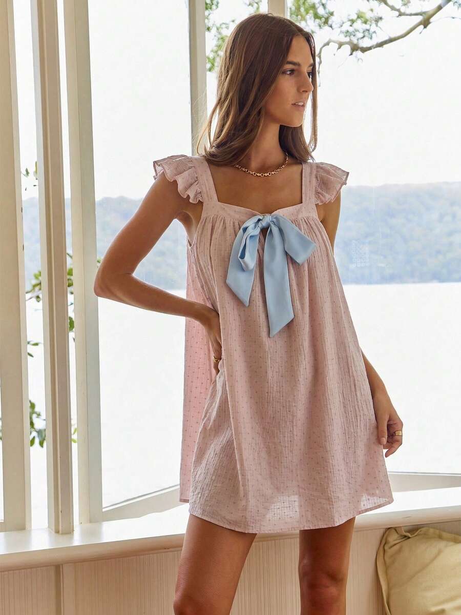 Aralina Women's Sleepwear Elegant Oversized Babydoll Sleep Mini Dress With Satin Tie Perfect For Christmas Holidays And New Years Beach Holiday's Summer - Pink - View 1