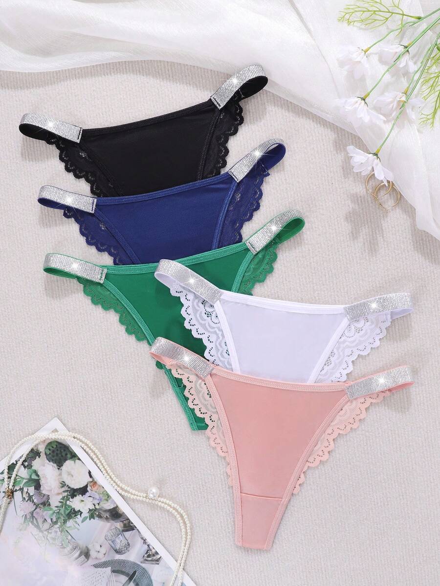 MidnightGlam Quần lót dây mảnh cạp chun đính ren lấp lánh dành cho nữ, đồ lót gợi cảm, 5 chiếc/gói - Nhiều màu - Xem 1