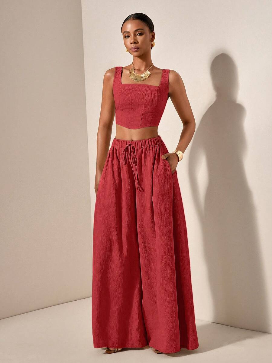 Zivah Setelan 2 Potong Wanita Musim Panas Elegan Warna Merah, Atasan Crop Bertali Motif Tulang Ikan Bertekstur dan Celana Panjang Lebar dengan Saku, Pakaian Santai Musim Semi Musim Panas untuk Berlayar