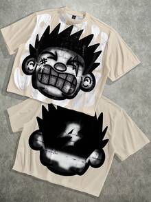 Manfinity ZONE917 男士休闲卡通印花宽松短袖T恤，夏季 - 杏色 - 查看 1