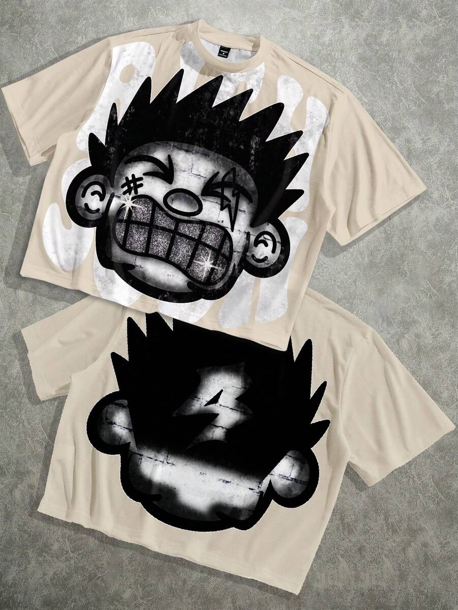 Manfinity ZONE917 男士休闲卡通印花宽松短袖T恤，夏季 - 杏色 - 查看 1