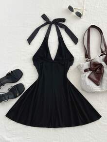 Elamini 春季性感V领露背蕾丝拼接波点双层荷叶边蝴蝶结紧身迷你连衣裙 - 黑色 - 查看 2