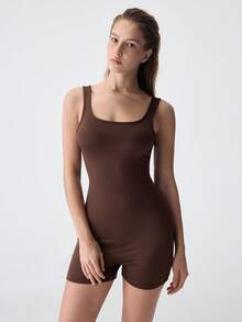 Loungeista Women's Solid Color Square Collar Tank Top Jumpsuit Romper - Rust Brown - View 4