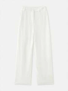 lacRébo 白色提花面料阔腿裤，夏季春夏法式巴黎风情长裤 - 米色 - 查看 6