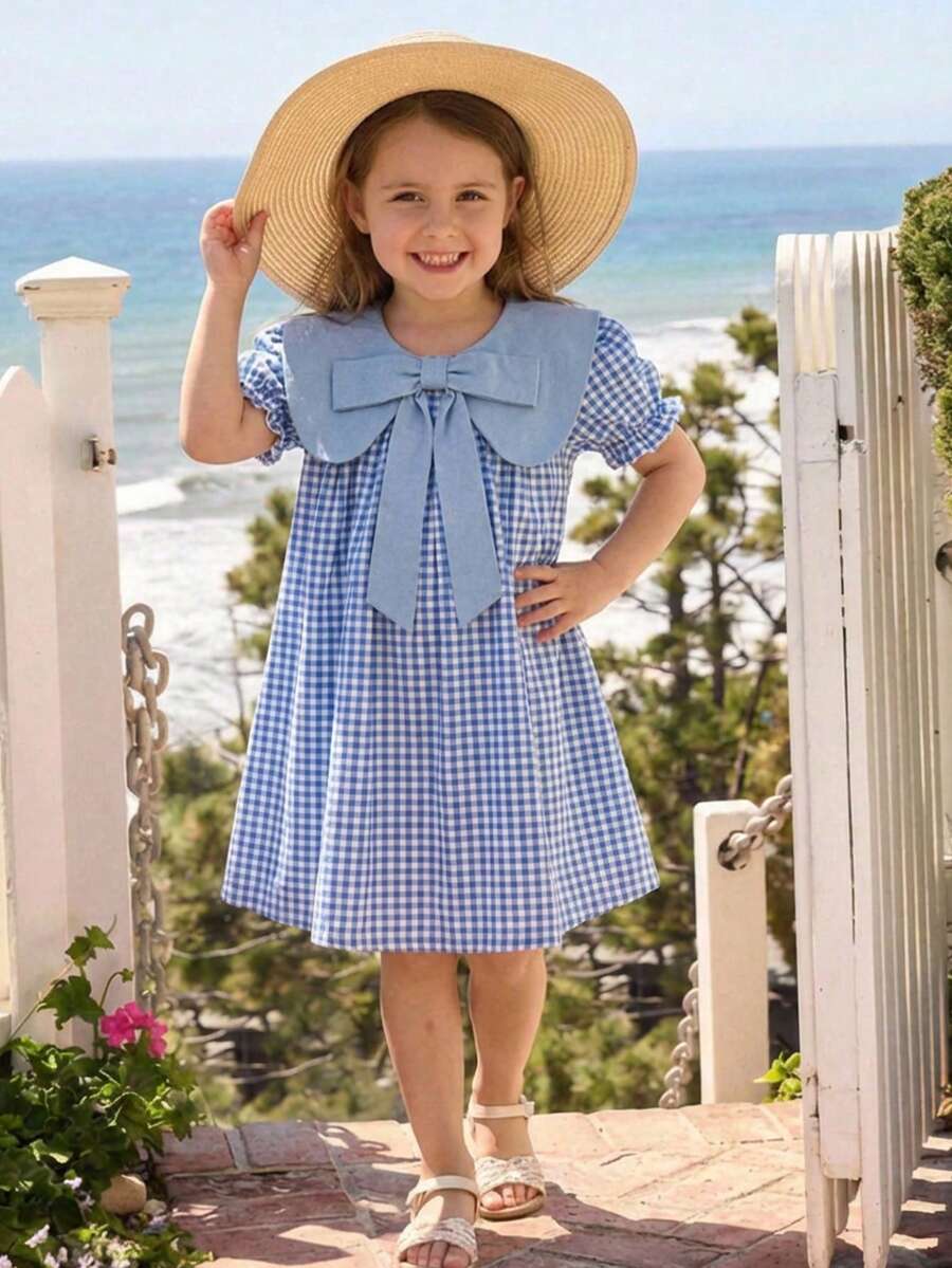 SHEIN 女童编织纹理蝴蝶结泡泡袖连衣裙 - 淺藍色 - 查看 1