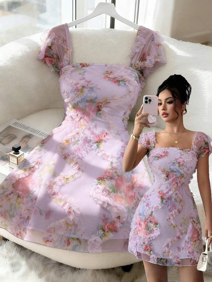 Selianne Đầm hai dây ôm sát dáng người, họa tiết hoa nhí kiểu tranh sơn dầu cổ điển, chất liệu lưới, xếp nếp, đẹp và gợi cảm, thích hợp cho mùa xuân/hè. - Màu tím - Xem 1