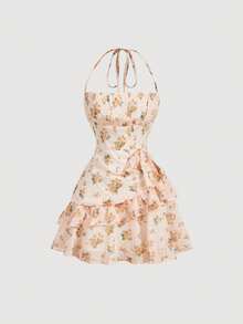 Skyraze Women's Orange Floral Summer Modest Picnic Cutout Chiffon Ruffle Tie Backless Layered Pleated Bust Mini Skirt Cottagecore Tea Party Dress, - Yellow - View 2