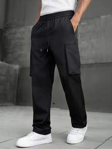 SLATEMANN Men's Casual Versatile Black Drawstring Waist Cargo Pants - Black - View 3