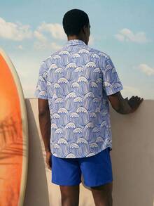 Palasendo Setelan Pantai Pria: Kemeja Lengan Pendek dan Celana Pendek Motif Kerang - Biru - View 2