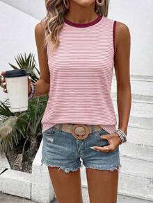 EMERY ROSE Women's Spring/Summer New Casual Round Neck Sleeveless Contrast Collar & Cuff Striped Print Pattern Tank Top - Multicolor - View 3