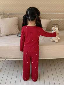 Dazy Kids 少女極簡印花長袖上衣與長褲家居服套裝，秋季 - 紅色 - 查看 2