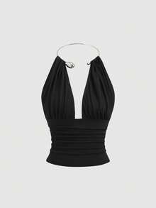 Sweetra Áo croptop xếp ly cổ choker kim loại thời trang, phong cách gothic tối màu đa năng cho kỳ nghỉ hè của phụ nữ. - màu đen - Xem 3