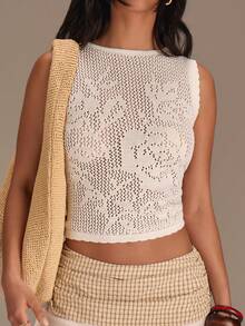 Athîral Women's Casual Crew Neck Patterned Knit Top - White - View 1