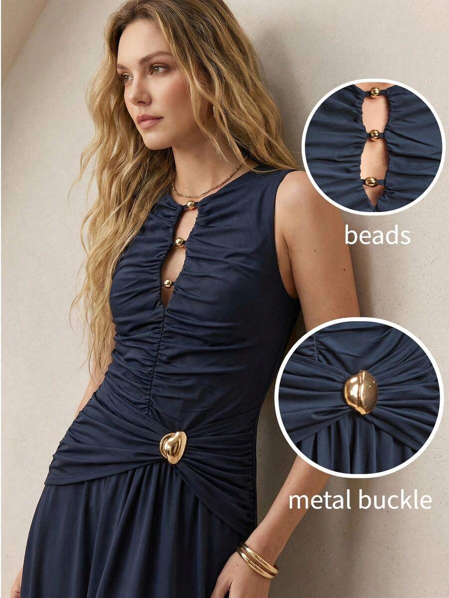 BizChic Đầm cổ tròn màu xanh hải quân mùa xuân/hè mới với họa tiết đính hạt kim loại, eo khoét rỗng, vạt áo xếp ly bất đối xứng, thiết kế bất đối xứng. - Xanh đậm - Xem 1