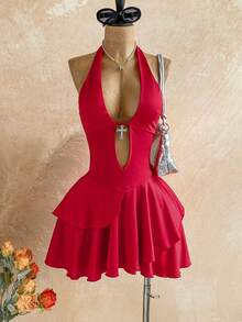 Soleia 性感V领交叉装饰镂空露背吊带纹理面料多层不规则下摆迷你连衣裙，适合派对、圣诞节、约会、夜店、海滩、邮轮、下午茶、波西米亚风、度假、秋季女装、复古风 - 紅色 - 查看 5