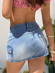 Rivivi 女士休闲时尚街头风按扣翻盖口袋牛仔裙，适合日常通勤 - 藍色 - 查看 2