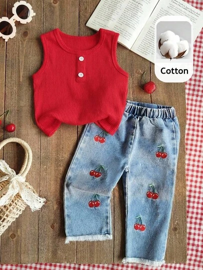 LMoss Kids Set de 2 piezas de camiseta de punto y pantalones vaqueros con cintura elástica con estampado de corazón, lindo estilo de verano para niñas