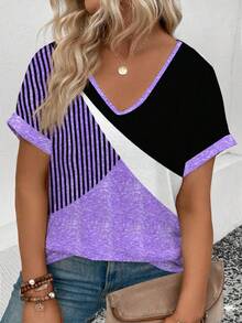 EMERY ROSE Plus Size Women Casual V-Neck Digital Print T-Shirt - Multicolor - View 1