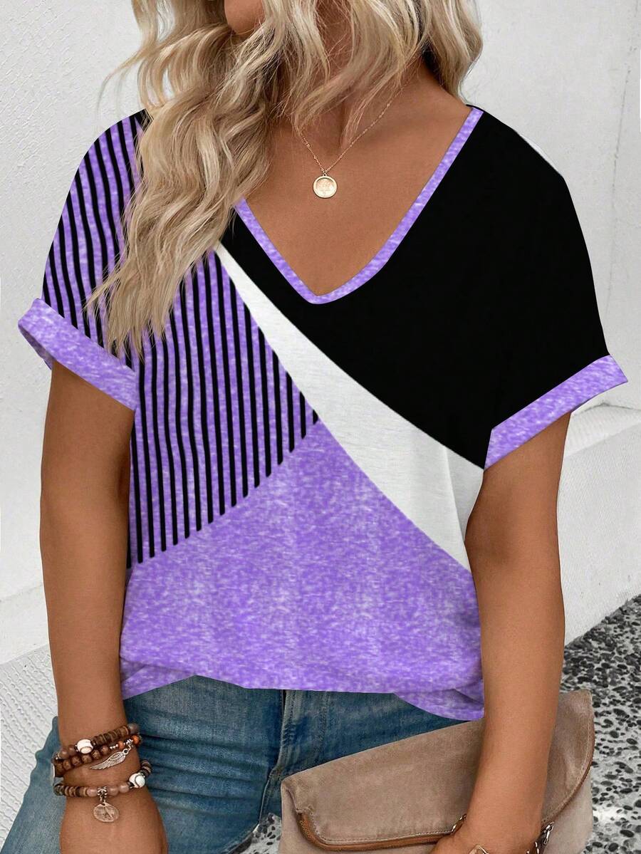 EMERY ROSE Plus Size Women Casual V-Neck Digital Print T-Shirt - Multicolor - View 1