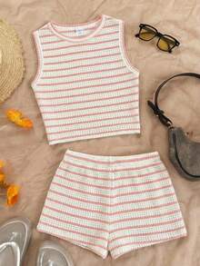 SHEIN Conjunto de top sin mangas y pantalones cortos de rayas con cuello redondo, cómodo, de estilo minimalista y texturizado en rosa y blanco para niñas/adolescentes - Rosa - Ver 6