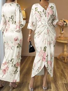 SHEIN Lady 大码女式印花V领七分袖扭腰优雅连衣裙，Florurora春夏优雅连衣裙，女士春季穿搭，度假装，女士夏季休闲装，女士奢华连衣裙 - 彩色 - 查看 2