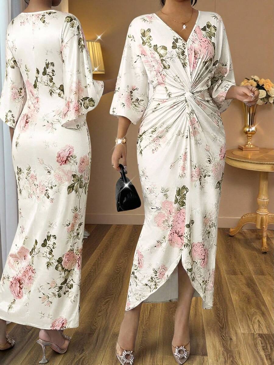 SHEIN Lady 大码女式印花V领七分袖扭腰优雅连衣裙，Florurora春夏优雅连衣裙，女士春季穿搭，度假装，女士夏季休闲装，女士奢华连衣裙