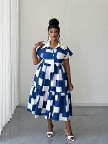 Maweii Plus Size Floral Print Collared Short Sleeve Half-Zip Casual Dress,Elegant Blue And White Summer Tea Party Dress For Women,Parties,Dates,Commuting - Multicolor - View 1